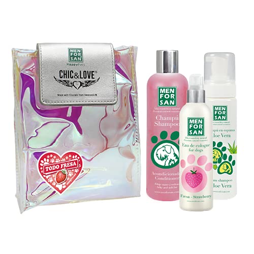 MENFORSAN Pack Higiene y Belleza Menforsan, Champú Acondicionador Perros 300ml, Colonia Fresa para Perros 125ml, Champú en Espuma para Perros y Gatos 200ml, Rico Aroma a Fresa