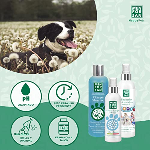 MENFORSAN Pack Higiene y Belleza para Perros Champú Eliminador de olores 300ml, Colonia Talco para Perros 125ml, Eliminador de olores para el hogar y Entorno de Mascotas 250ml, Rico Aroma a Talco