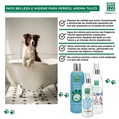 MENFORSAN Pack Higiene y Belleza para Perros Champú Eliminador de olores 300ml, Colonia Talco para Perros 125ml, Eliminador de olores para el hogar y Entorno de Mascotas 250ml, Rico Aroma a Talco