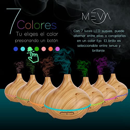 MEVA Difusor de aceites esenciales Humidificador Ultrasónico 400ml para Aromaterapia y purificador de aire con 7 colores Led y control remoto en acabados tipo madera (MADERA BAMBÚ)