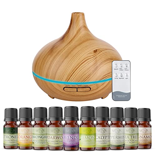 MEVA Difusor de aceites esenciales Humidificador Ultrasónico 400ml para Aromaterapia y purificador de aire con 7 colores Led y control remoto en acabados tipo madera (MADERA BAMBÚ)