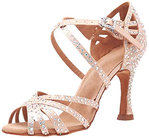 MGM-Joymod Mujeres Peep Toe Cruz Correa Rhinestones Tango Social Salón de Baile Latino Moderno Zapatos de Baile de Boda Sandalias, Piel Tacón 9cm, 38 EU