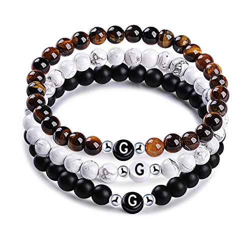 MicLee Nombre Pulsera de Amistad Hecha de Piedras Naturales con Cuentas de Letras de G, Juego de 3 Pulseras para Mujeres Hombre, con Caja de Regalo Tarjeta de Felicitación