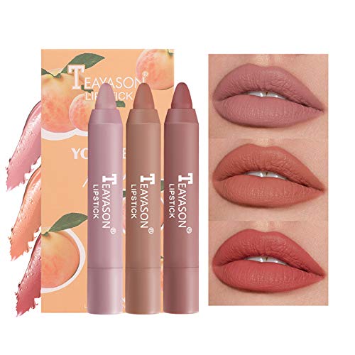 Mimore Lápiz labial 3 piezas/juego Sabor a fruta Mate Lápiz labial Crayon Duradero Impermeable A prueba de manchas Moda portátil completo Kit de maquillaje de barras de labios (A)