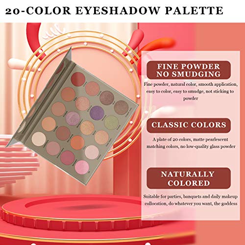 Mimore Paleta de maquillaje de sombra de ojos de 20 colores, sombra de ojos con brillo natural desnudo mate, polvo de sombra de ojos altamente pigmentado resistente al agua de larga duración