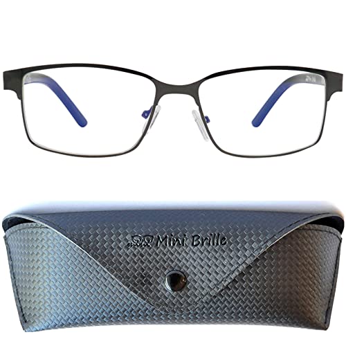 Mini Brille Gafas con Filtro de Luz Azul Finas de Metal con Lentes Rectangulares, Funda GRATIS, Montura Cuadradas de Acero Inoxidable (Grafito), Gafas de Lectura Hombre y Mujer +2.5 Dioptrías