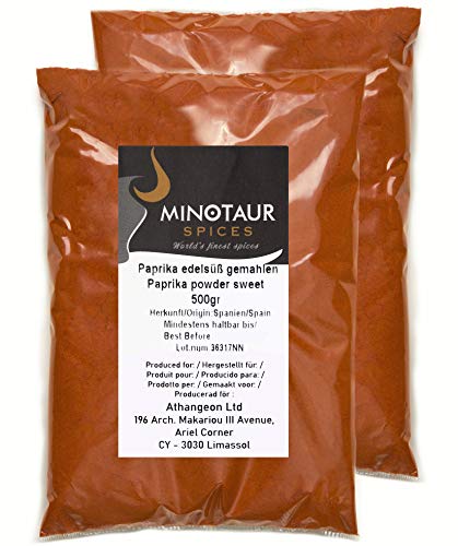 Minotaur Spices | Pimentón Dulce molido, Polvo de pimentón Suave | 2 x 500g (1 kg)