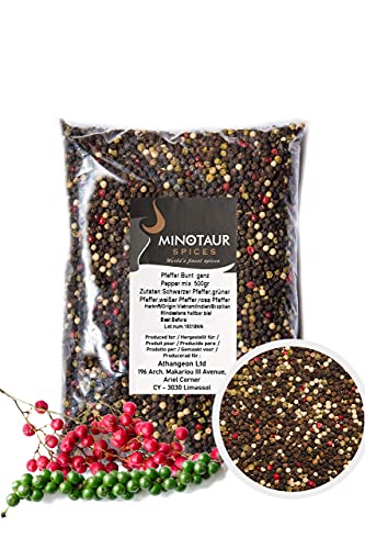 Minotaur Spices | Pimienta de Colores, Entera | 2 x 500g (1 Kg) | Pimienta de Colores Hecha de Semillas Negras, Blancas, Verdes y Rosas