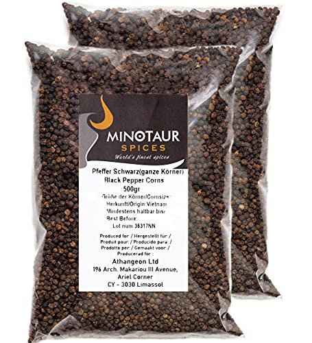 Minotaur Spices | Pimienta negra | Granos de pimienta enteros | 2 x 500g (1 Kg)