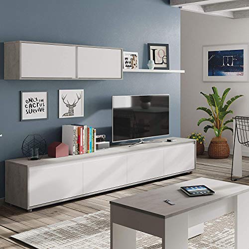 Mobelcenter – Mueble de Salón Moderno Alida – Módulo TV, Módulo Superior y Estante – Acabado en Color Blanco Artik y Cemento – Medidas: Ancho: 200 cm x Alto: 43 cm x Fondo: 41 cm - (1089)