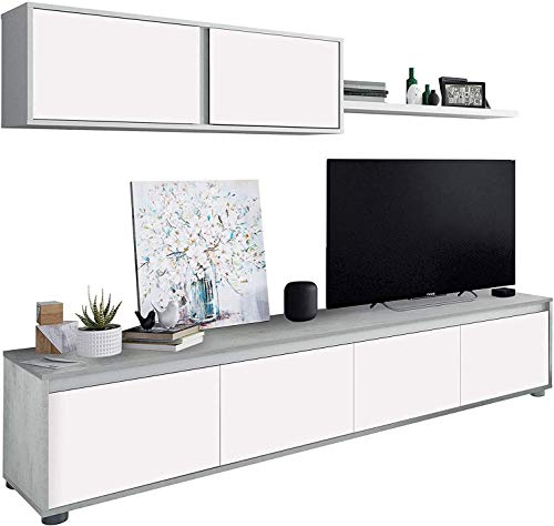 Mobelcenter – Mueble de Salón Moderno Alida – Módulo TV, Módulo Superior y Estante – Acabado en Color Blanco Artik y Cemento – Medidas: Ancho: 200 cm x Alto: 43 cm x Fondo: 41 cm - (1089)