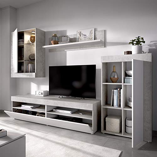 Mobelcenter - Mueble de Salón Tokio - Módulo TV, Módulo con estantes, Módulo Superior y Estante - Acabado en Color Cemento y Blanco - Medidas: Ancho: 254 cm x Alto: 112 cm x Fondo: 42 cm - (1200)