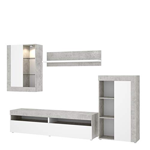 Mobelcenter - Mueble de Salón Tokio - Módulo TV, Módulo con estantes, Módulo Superior y Estante - Acabado en Color Cemento y Blanco - Medidas: Ancho: 254 cm x Alto: 112 cm x Fondo: 42 cm - (1200)