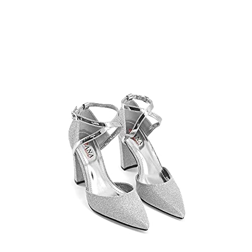 Modelisa - Zapatos De Tacón Ancho Salón Brillo Punta Hebilla Tobillo Mujer (Plata, Numeric_38)