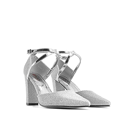 Modelisa - Zapatos De Tacón Ancho Salón Brillo Punta Hebilla Tobillo Mujer (Plata, Numeric_38)