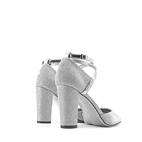 Modelisa - Zapatos De Tacón Ancho Salón Brillo Punta Hebilla Tobillo Mujer (Plata, Numeric_38)