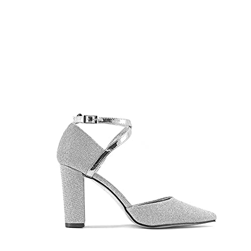 Modelisa - Zapatos De Tacón Ancho Salón Brillo Punta Hebilla Tobillo Mujer (Plata, Numeric_38)