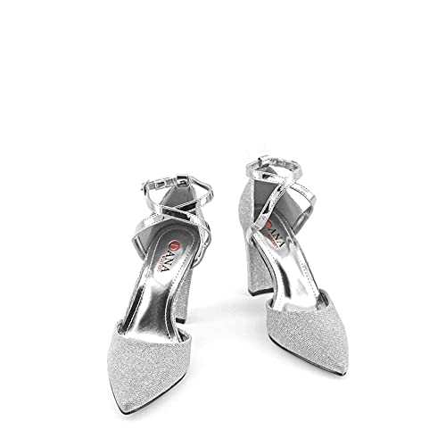 Modelisa - Zapatos De Tacón Ancho Salón Brillo Punta Hebilla Tobillo Mujer (Plata, Numeric_38)