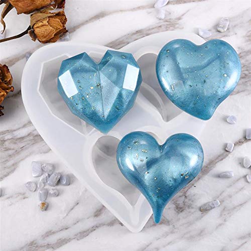 Molde de 3 cavidades 3D Love Heart Crystal Diamond en forma de molde de silicona epoxi Resina de fundición de molde de cristal para joyas de accesorios de joyería para bodas, baby shower