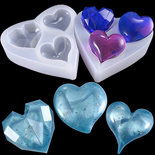 Molde de 3 cavidades 3D Love Heart Crystal Diamond en forma de molde de silicona epoxi Resina de fundición de molde de cristal para joyas de accesorios de joyería para bodas, baby shower