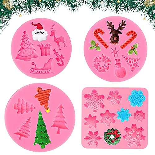 Moldes de Fondant de Navidad, 4 piezas Molde de chocolate, Molde De Jabón De Navidad, Moldes para pasteles navideños, diseño árbol de Navidad, reno, muletas, decoración tartas