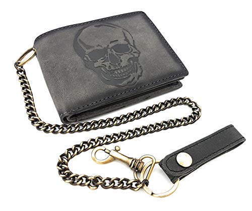 Monedero de piel auténtica para motoristas, diseño de calavera, con cadena de 50 cm y protección RFID