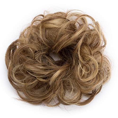 Moño Postizo Rizado Pelo Sintético Ondulado Se Ve Natural Recogido Coletero Peinado Extensiones de Cabello Coleta Postiza Resaltado Rubio Castaño Claro