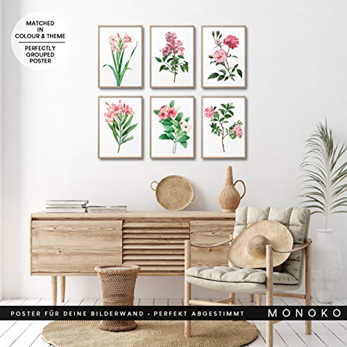 MONOKO® Juego de pósteres para el salón, juego de imágenes para el dormitorio, con estilo, 6 unidades, sin marco (botánico, rosa, 6 x A4 (21 x 29,7 cm)