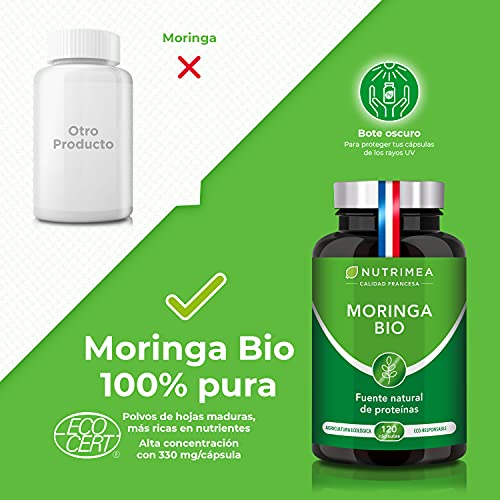 Moringa Oleifera Bio 120 Cápsulas | Superfood Antioxidante Natural Sistema Inmunológico Energía Proteina Vegetal | 330 mg Polvo Moringa con 66 mg de Proteina Apto para Veganos | Fabricado en Francia