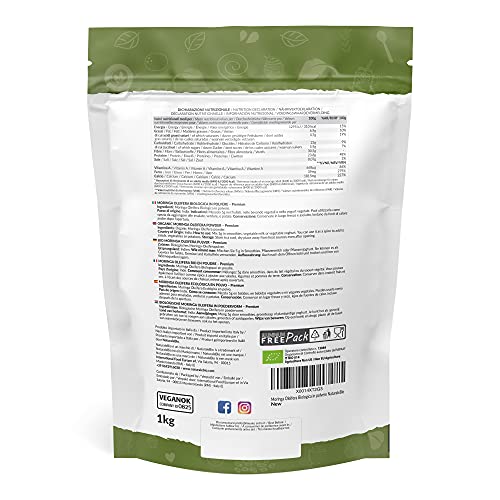 Moringa Oleifera Ecológica en Polvo - Grado Premium - de 1kg. Moringa Powder Organica. Bio, Natural y Pura. Hojas Recogidas de la Planta de Moringa Oleífera. NaturaleBio