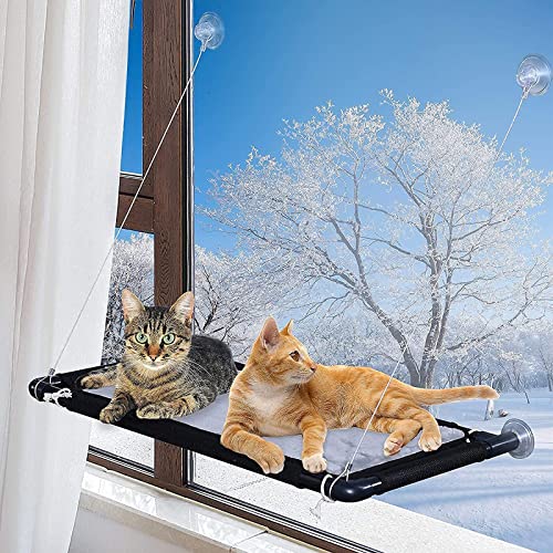 MQUPIN Ventana de Gato Cama de Hamaca, Hamaca para Gatos con Almohadilla de Malla Suave, Cama Gatos con Ventosas de 5 Perillas y Capacidad de Carga de hasta 25 kg(55 LB), Extra una Manta de Franela