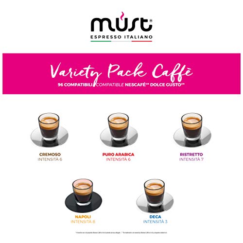 MUST Café Variety Pack Degustación 96 Cápsulas, 6 Paquetes de 16 Cápsulas, Intensidades Mixtas de 5/8 a 8/8, Cápsulas Autoprotegidas Compatibles con la Máquina Nescafè Dolce Gusto, Made in Italy