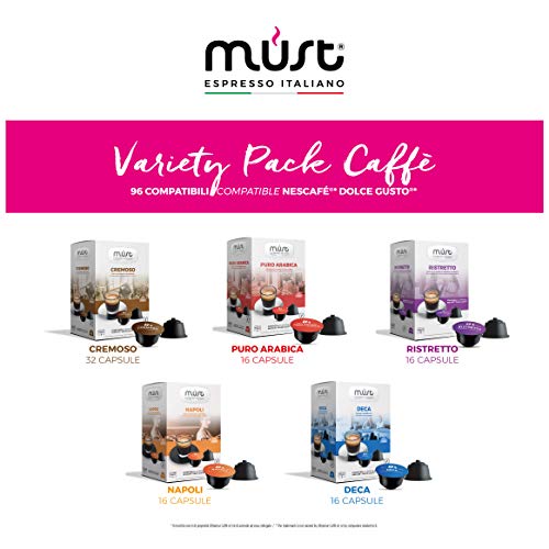 MUST Café Variety Pack Degustación 96 Cápsulas, 6 Paquetes de 16 Cápsulas, Intensidades Mixtas de 5/8 a 8/8, Cápsulas Autoprotegidas Compatibles con la Máquina Nescafè Dolce Gusto, Made in Italy