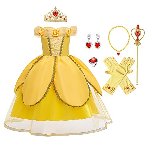 MYRISAM Disfraz de Carnaval Vestidos de Princesa Belle para Niñas Traje de Halloween Navidad Cumpleaños Fiesta Ceremonia Aniversario Bella y Bestia Costume con Accesorios 3 años