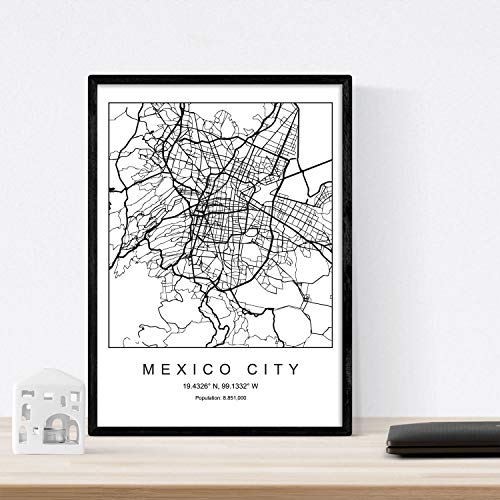 Nacnic Lámina Mapa de la Ciudad Mexico City Estilo nordico en Blanco y Negro. Poster tamaño A3 Sin Marco Impreso Papel 250 gr. Cuadros, láminas y Posters para Salon y Dormitorio