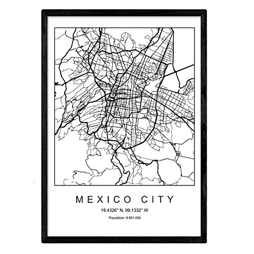 Nacnic Lámina Mapa de la Ciudad Mexico City Estilo nordico en Blanco y Negro. Poster tamaño A3 Sin Marco Impreso Papel 250 gr. Cuadros, láminas y Posters para Salon y Dormitorio