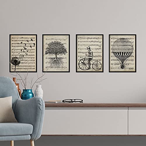 Nacnic Pack 4 Láminas Decorativas para Enmarcar en Blanco y Negro con Partituras | Láminas de Pared Vintage para Habitación, Salón, Baño... | Láminas en Papel A4 21x29,7cm | Sin Marco