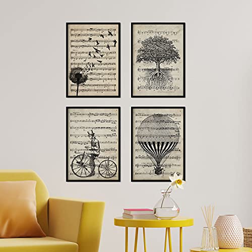 Nacnic Pack 4 Láminas Decorativas para Enmarcar en Blanco y Negro con Partituras | Láminas de Pared Vintage para Habitación, Salón, Baño... | Láminas en Papel A4 21x29,7cm | Sin Marco