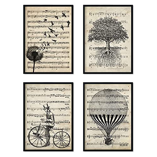 Nacnic Pack 4 Láminas Decorativas para Enmarcar en Blanco y Negro con Partituras | Láminas de Pared Vintage para Habitación, Salón, Baño... | Láminas en Papel A4 21x29,7cm | Sin Marco