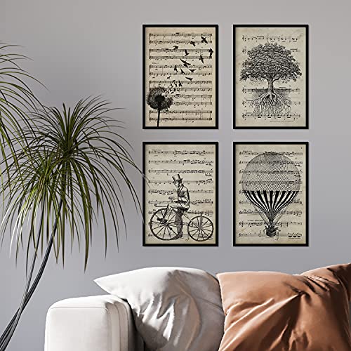 Nacnic Pack 4 Láminas Decorativas para Enmarcar en Blanco y Negro con Partituras | Láminas de Pared Vintage para Habitación, Salón, Baño... | Láminas en Papel A4 21x29,7cm | Sin Marco