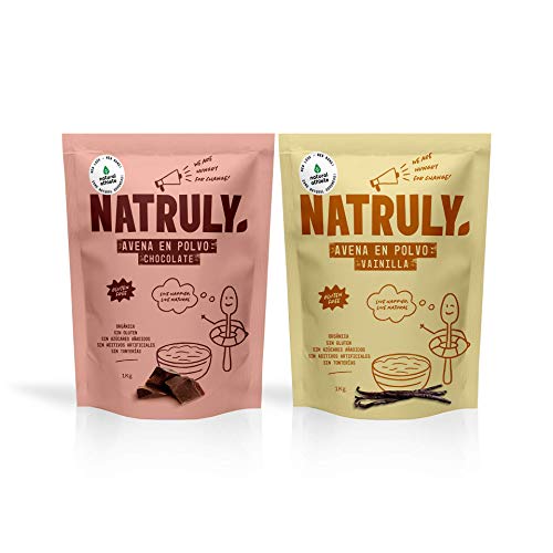 NATRULY Harina de Avena 2 Sabores BIO Avena en Polvo Sin Azúcar, Sin Gluten, Instant Oatmeal para Batidos, Tortitas I 1 KG