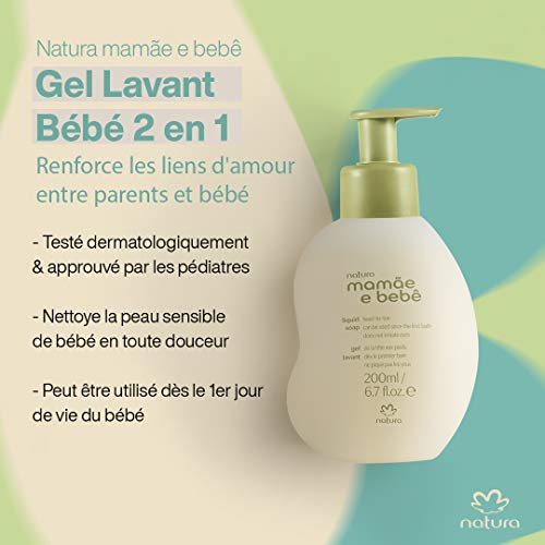 NATURA - Gel de Baño Suave para Cuerpo y Cabello Mamae e Bebe - Para la Higiene del Bebé - Limpia Suavemente - Dermatológicamente Probado - Aprobado por los Pediatras - 100% Vegano - 200 ml