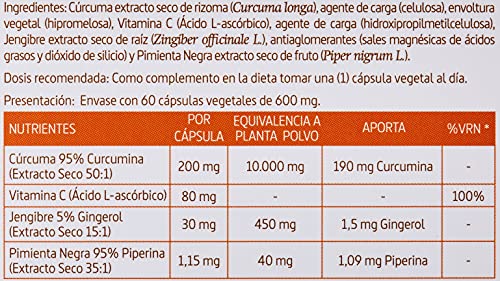 Nature Essential | Cúrcuma Complex 10.000 mg | 60 Cápsulas Vegetales | Jengibre, Pimienta Negra y Vitamina C | Antiinflamatorio | Ayuda a Reforzar el Sistema Inmune | 95% Curcumina