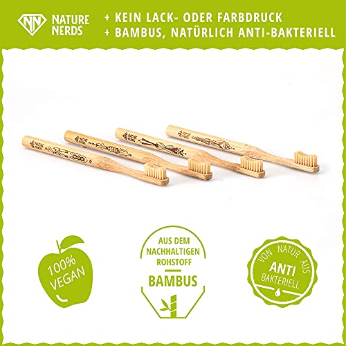 Nature Nerds - Cepillos de dientes de bambú en un set (pack de 4) / Dureza: Media/hecho de bambú cultivado de forma sostenible/vegano/libre de BPA