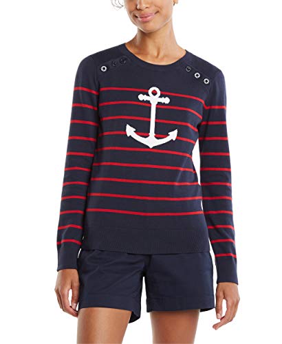 Nautica Women's Voyage Long Sleeve 100% Cotton Striped Crewneck Sweater