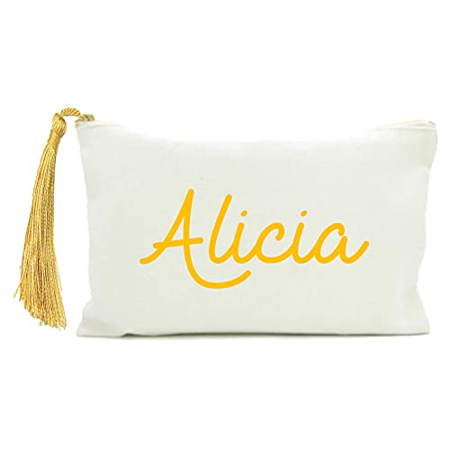 Neceser personalizado, Bolsa de aseo, maquillaje, en algodón blanco. Con borla y nombre. 2 TAMAÑOS. Regalo original para mujer. Personalizado en España.(20 x 14 cm, N Blanco/Texto Dorado)