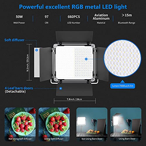 Neewer 2 Paquetes Luz LED 660 PRO RGB Control de Aplicación Kit de Iluminación Video con Soporte Softbox y Bolsa LED 660 SMD Regulables/CRI97+/3200K-5600K/0-360 Colores Ajustables/9 Escenas Aplicables