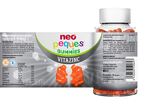 NEO PEQUES | Gummies Vitazinc | 30 Gominolas | Ositos Ricos en Vitaminas y Zinc | Refuerzan las Defensas de Forma Natural | Sabor Fresa