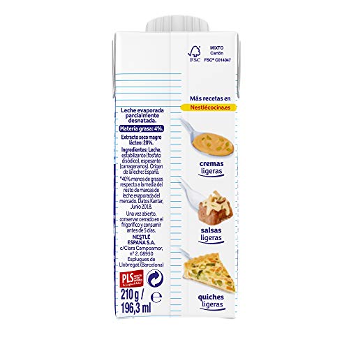 Nestlé Ideal - Leche Evaporada Para Salsas y Cremas Ligeras - Pack de 15 x 210 g