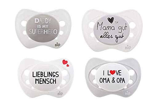 nip Juego de 4 chupetes de edición limitada, con texto en inglés "Lieblingsmensch" + Daddy is my superhero + I love Oma and Opa gut alles gut", talla 1, 0-6 meses, silicona, unisex